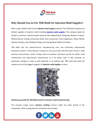 Why Should You Go For TKB Mold For Injection Mold Supplies?