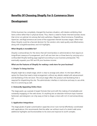 Benefits Of Choosing Shopify For E-Commerce Store Development
