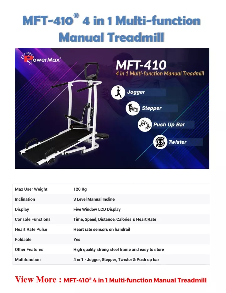 mft 410 4 in 1 multi function manual treadmill