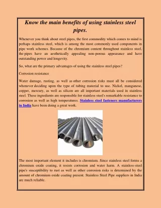 Know the main benefits of using stainless steel pipes