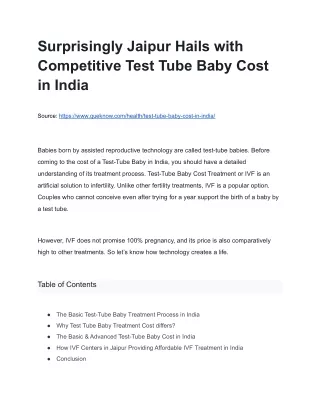 Surprisingly Jaipur Hails with Competitive Test Tube Baby Cost in India