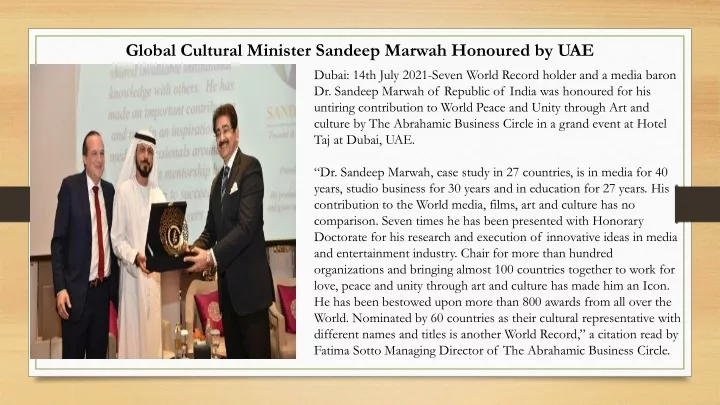 global cultural minister sandeep marwah honoured