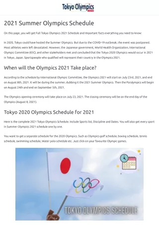 Tokyo Summer Olympics 2021 Schedule