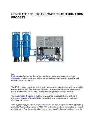 GENERATE ENERGY AND WATER PASTEURIZATION PROCESS