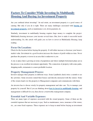 Factors To Consider While Investing In Multifamily Housing And Buying An Investment Property