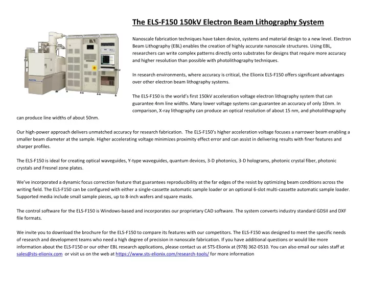 the els f150 150kv electron beam lithography