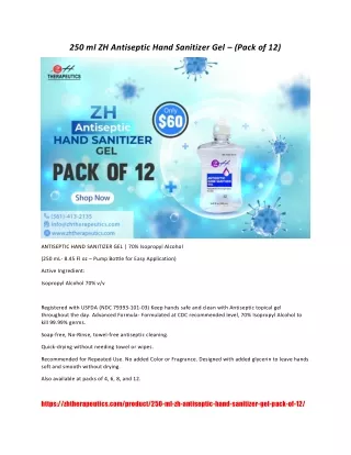 250 ml zh antiseptic hand sanitizer gel pack of 12