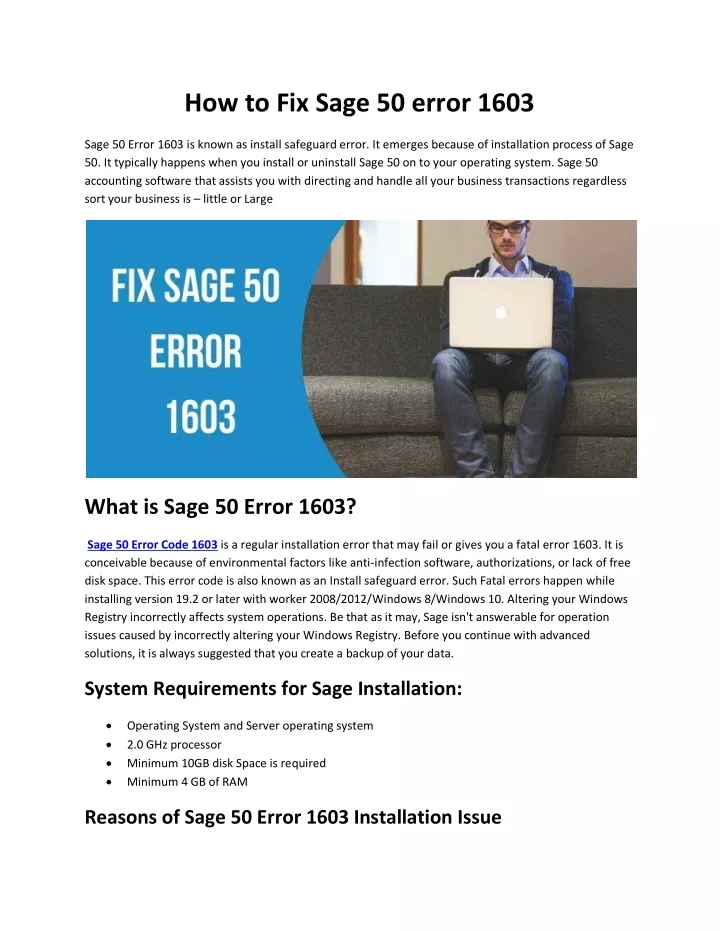 how to fix sage 50 error 1603