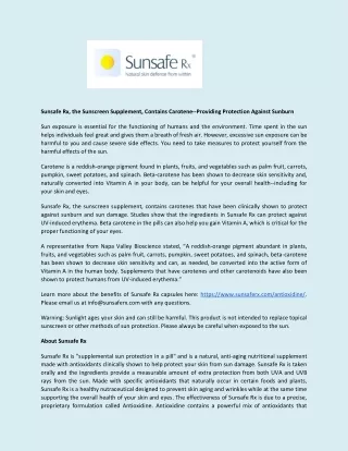 Sunscreen Supplement Contains Carotene Providing Protection Against Sunburn