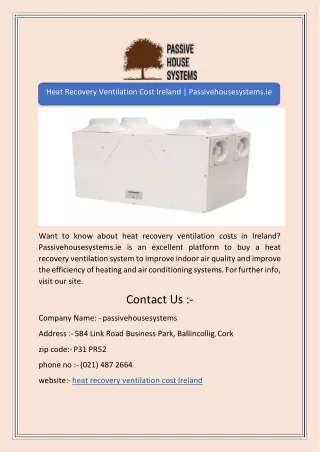 Heat Recovery Ventilation Cost Ireland | Passivehousesystems.ie