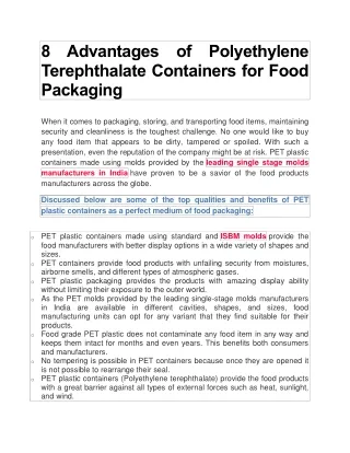 8 Advantages of Polyethylene Terephthalate Containers for Food Packaging