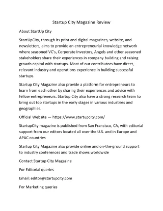 startup city magazine review