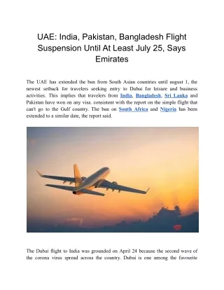 UAE_ India, Pakistan, Bangladesh Flight Suspension Until At Least July 25, Says Emirates