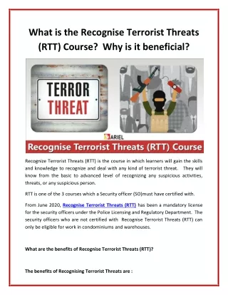 What is the Recognise Terrorist Threats (RTT) Course  Why is it beneficial