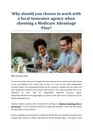 Why should you choose to work with a local insurance agency when choosing a Medicare Advantage Plan