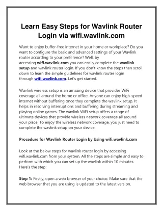 Learn Easy Steps for Wavlink Router Login via wifi.wavlink.com