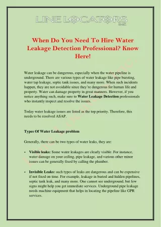 Hire Water Leakage Detection Professional - Line Locators Inc