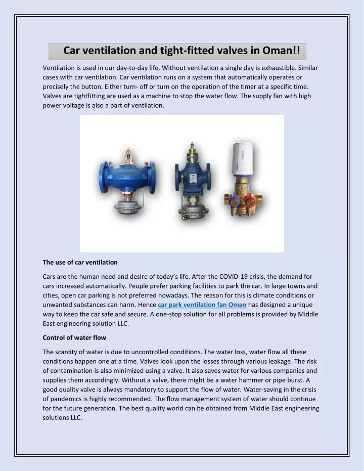 car ventilation and tight fitted valves in oman