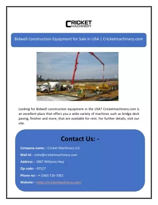 Bidwell Construction Equipment for Sale in USA | Cricketmachinery.com
