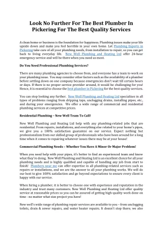 Plumber in Pickering | New Well Plumbing & Heating Ltd