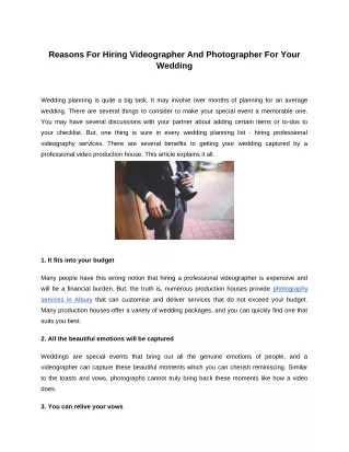 Reasons for Hiring Videographer Photographer for your Wedding