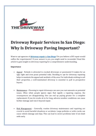 Driveway Repair Services In San Diego: Why Is Driveway Paving Important?