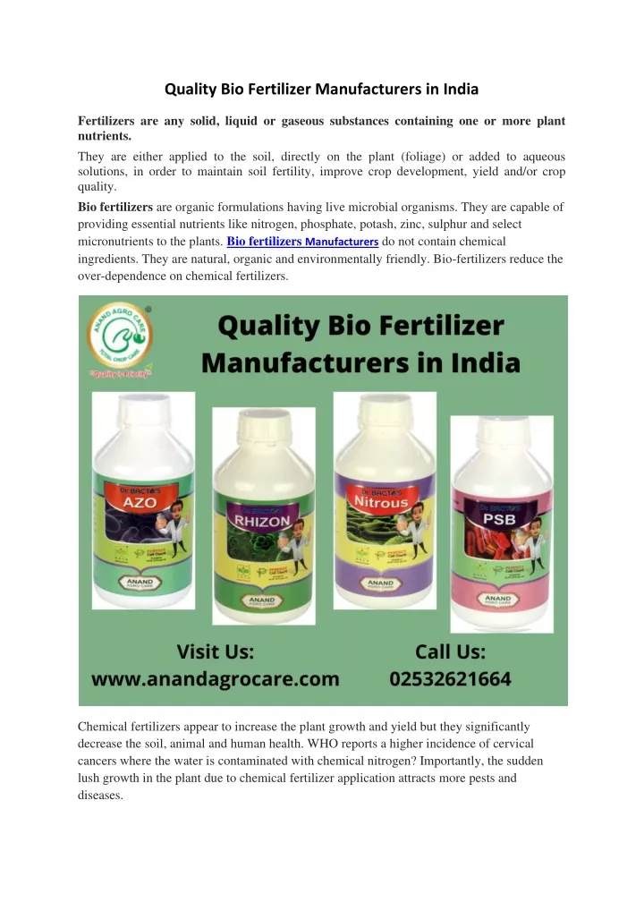 quality bio fertilizer manufacturers in india