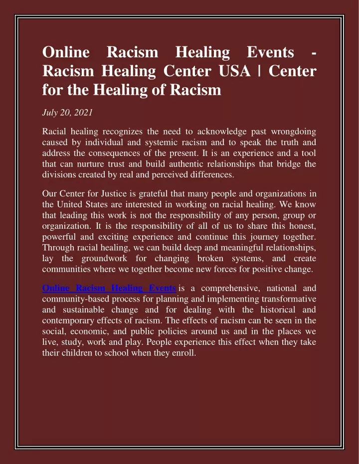 online racism healing events racism healing