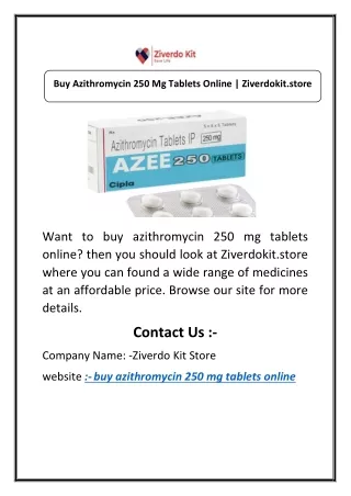 Buy Azithromycin 250 Mg Tablets Online | Ziverdokit.store
