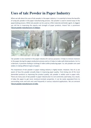 Uses of talcum powder for paper industry-converted