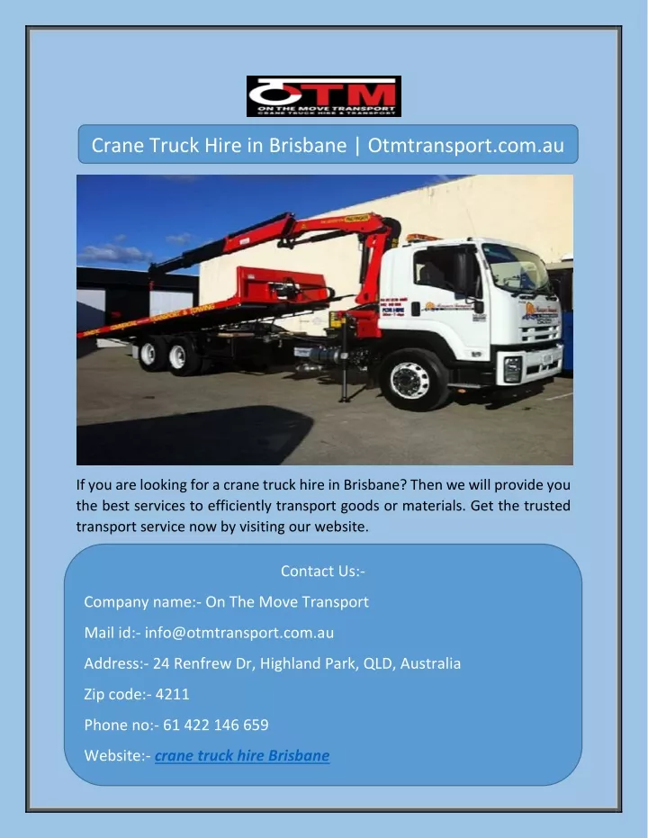 crane truck hire in brisbane otmtransport com au