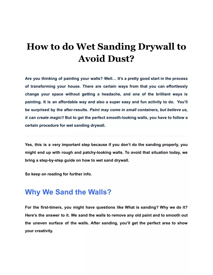 how to do wet sanding drywall to avoid dust