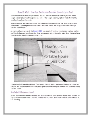 David E. Wish - How You Can Form A Portable House In Less Cost
