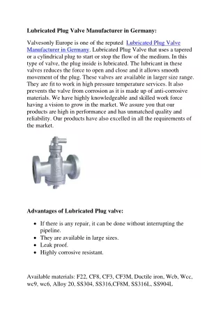 Lubricated Plug Valve Manufacturer in Germany