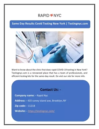 Same Day Results Covid Testing New York | Testingnyc.com