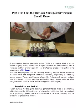 Post Tips That the Tlif Cage Spine Surgery Patient Should Know