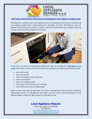 Call Factory Trained Oven Technicians for Westinghouse Oven Repairs in Sydney Area