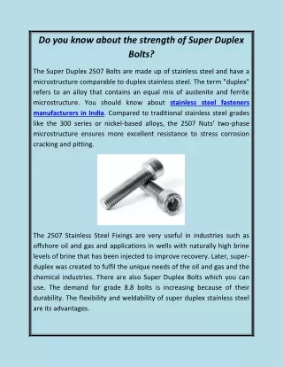 Do you know about the strength of Super Duplex Bolts