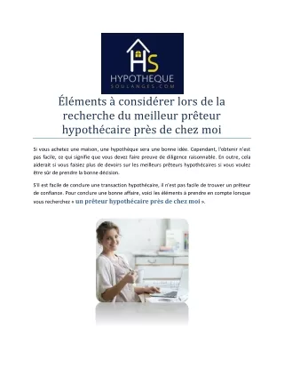 Éléments à considérer lors de la recherche du meilleur prêteur hypothécaire près