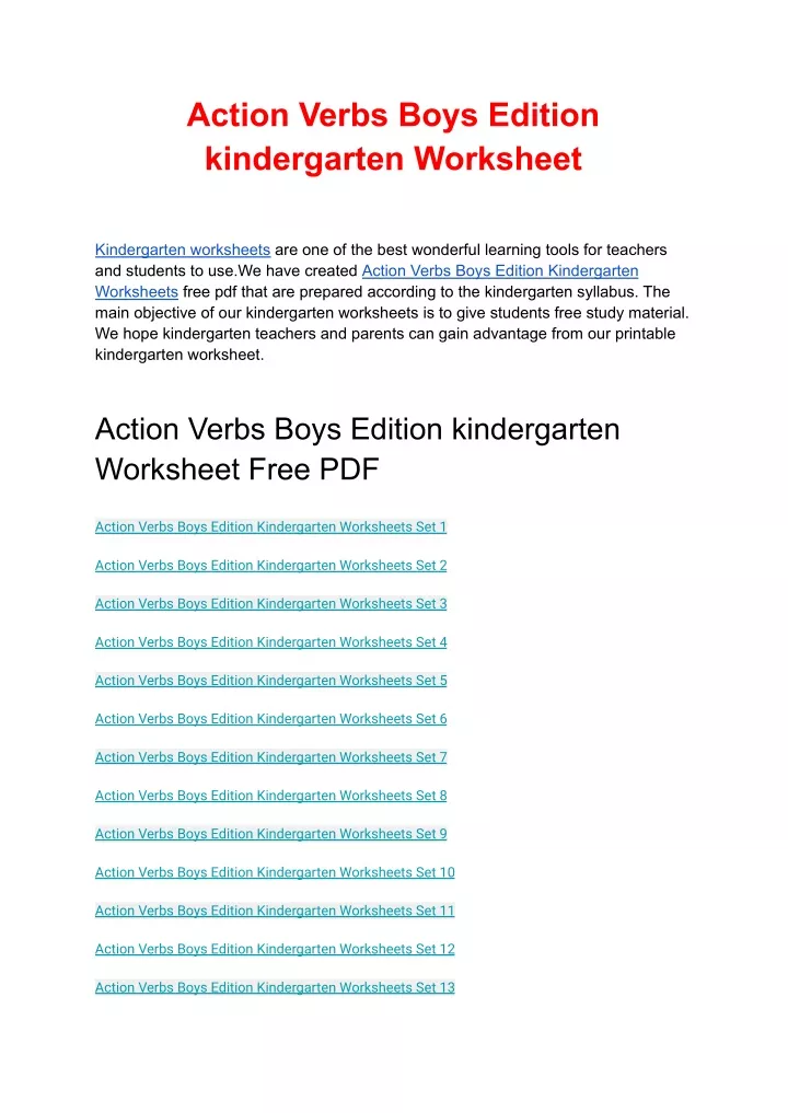 action verbs boys edition kindergarten worksheet