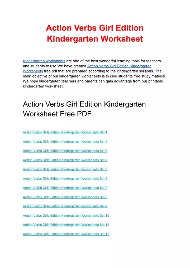 action verbs girl edition kindergarten worksheet