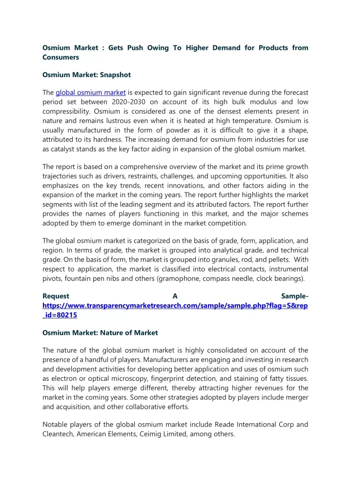 osmium market gets push owing to higher demand