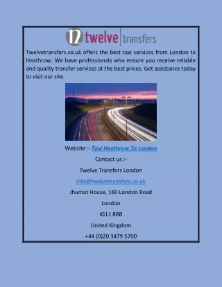Taxi Heathrow To London | Twelvetransfers.co.uk