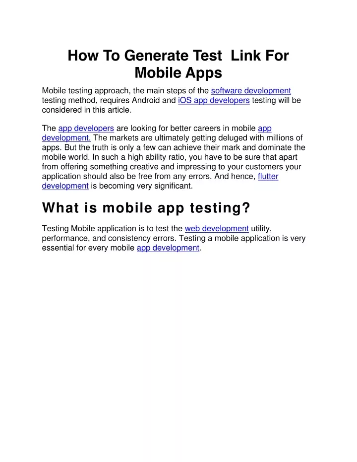 how to generate test link for mobile apps