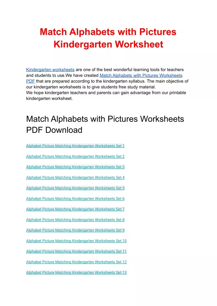 match alphabets with pictures kindergarten