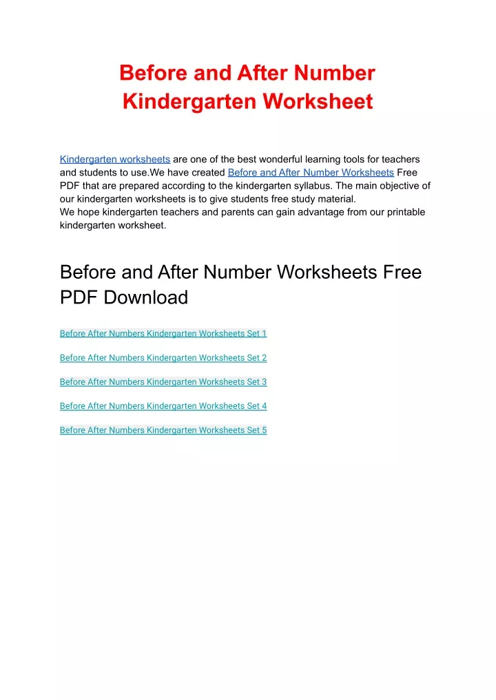 before and after number kindergarten worksheet
