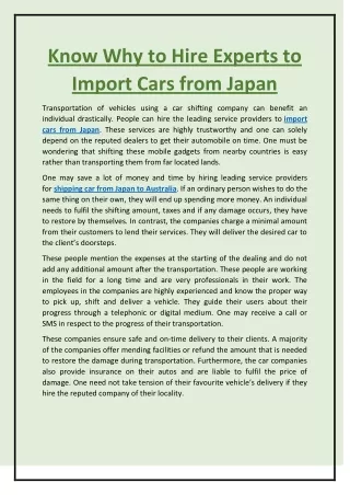 Know Why to Hire Experts to Import Cars from Japan