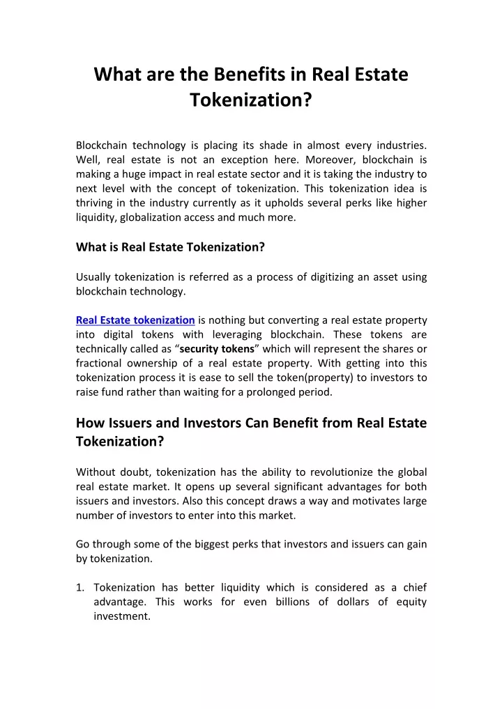 what are the benefits in real estate tokenization