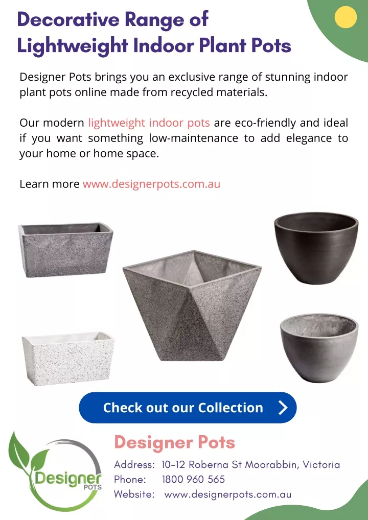 decorative range of lightweight indoor plant pots