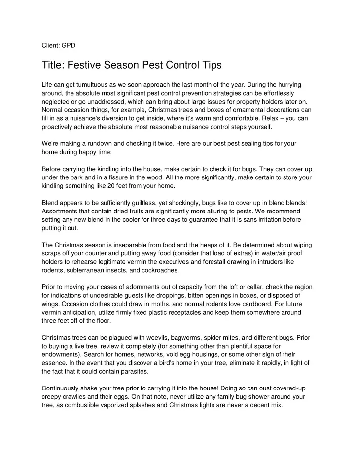 client gpd title festive season pest control tips